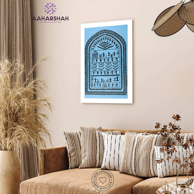 Handmade Warli Village Painting 17x24 Inch Framed Tribal Art