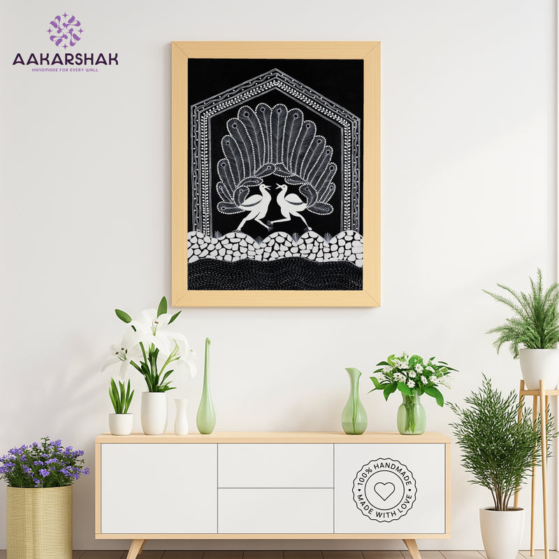 Handmade Warli Peacock Painting 17x24 Inch Framed Tribal Art