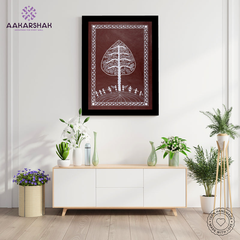 Handmade Warli Tree Painting 17x24 Inch Framed Tribal Art