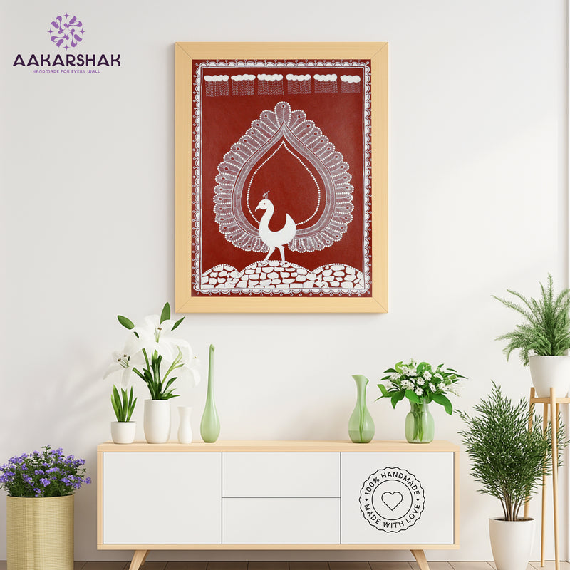 Handmade Warli Peacock Painting 17x24 Inch Framed Tribal Art