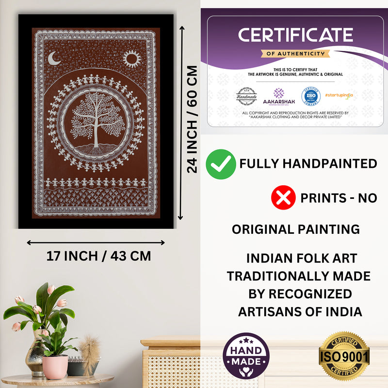 Handmade Warli Tree Painting 17x24 Inch Framed Tribal Art