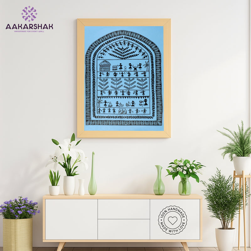 Handmade Warli Village Painting 17x24 Inch Framed Tribal Art