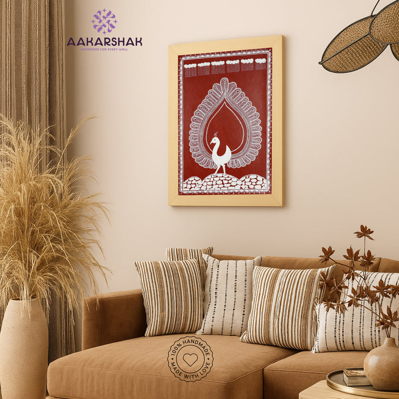 Handmade Warli Peacock Painting 17x24 Inch Framed Tribal Art