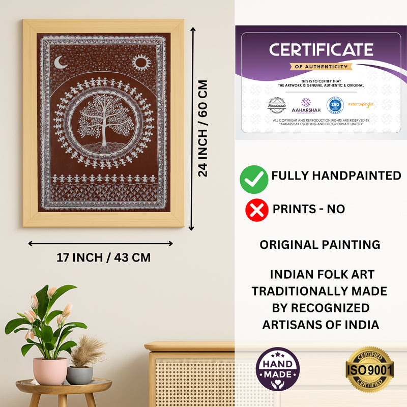 Handmade Warli Tree Painting 17x24 Inch Framed Tribal Art