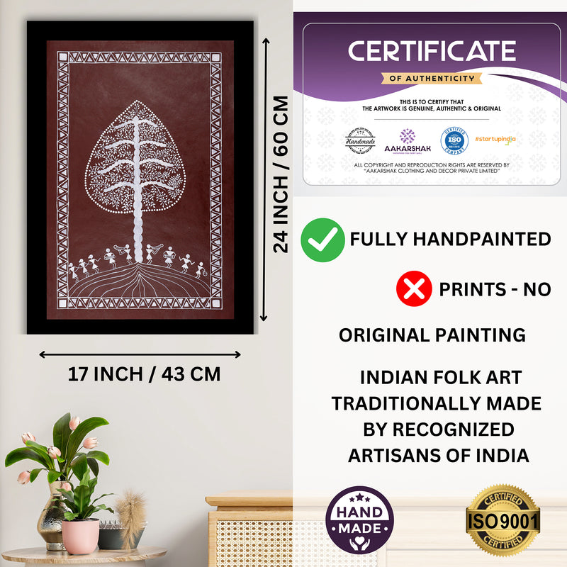 Handmade Warli Tree Painting 17x24 Inch Framed Tribal Art