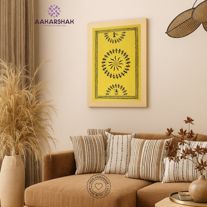 Handmade Warli Dancing Painting 17x24 Inch Framed Tribal Art