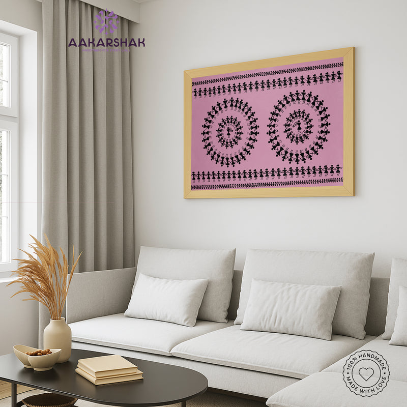 Handmade Warli Dancing Painting 17x24 Inch Framed Tribal Art