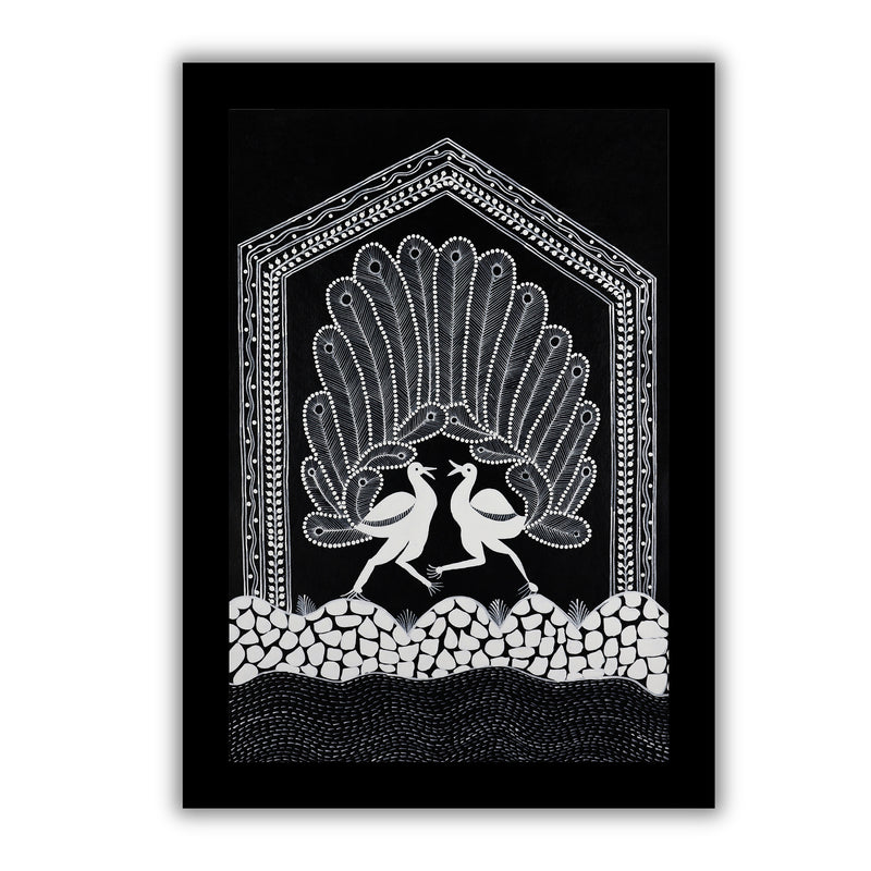 Handmade Warli Peacock Painting 17x24 Inch Framed Tribal Art