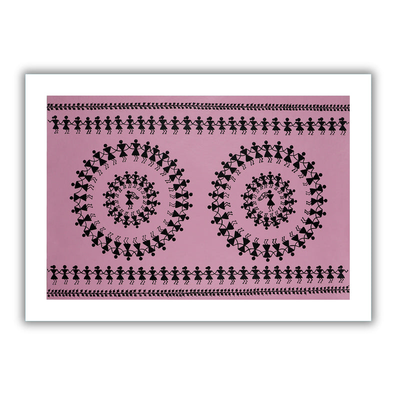 Handmade Warli Dancing Painting 17x24 Inch Framed Tribal Art