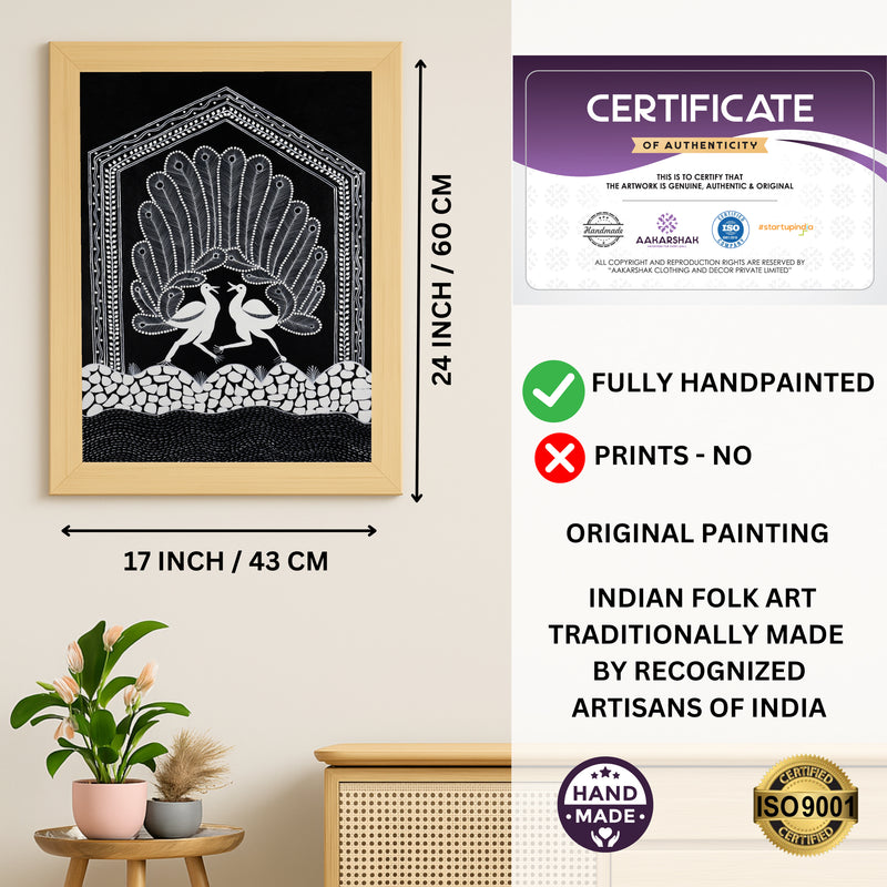 Handmade Warli Peacock Painting 17x24 Inch Framed Tribal Art