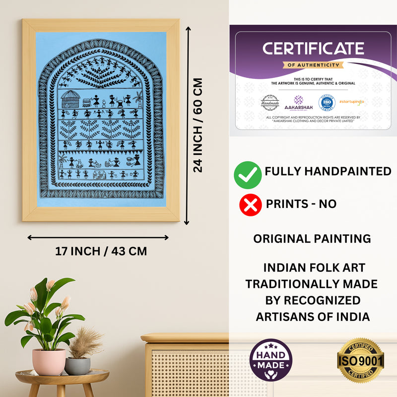 Handmade Warli Village Painting 17x24 Inch Framed Tribal Art