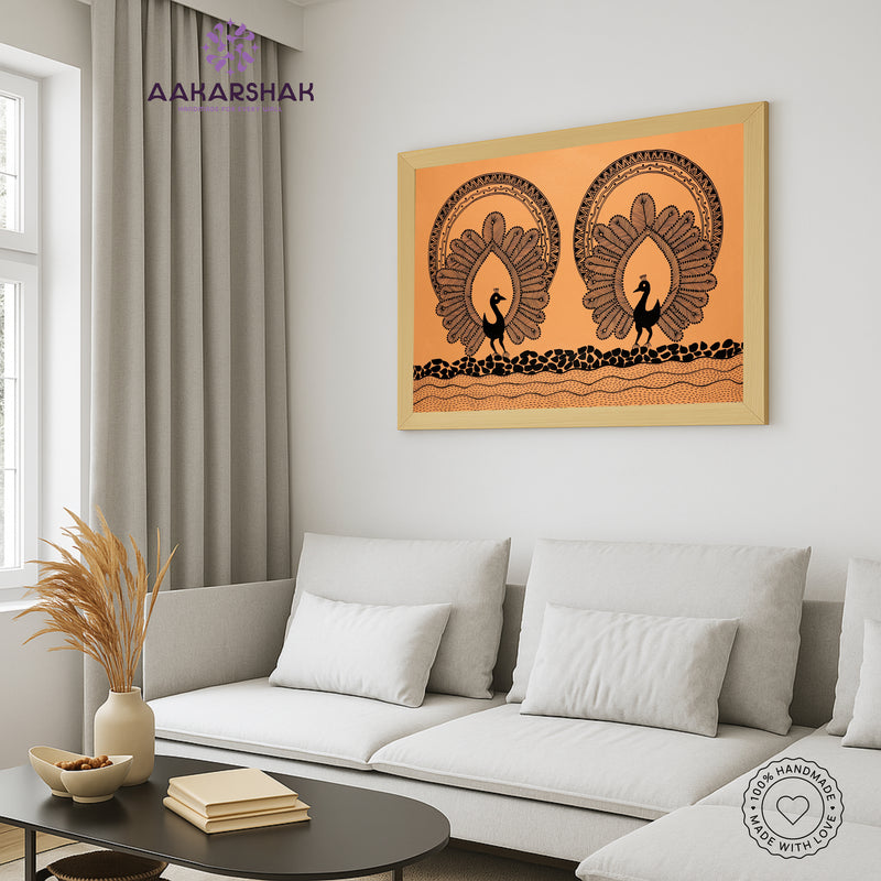 Handmade Warli Peacock Painting 17x24 Inch Framed Tribal Art