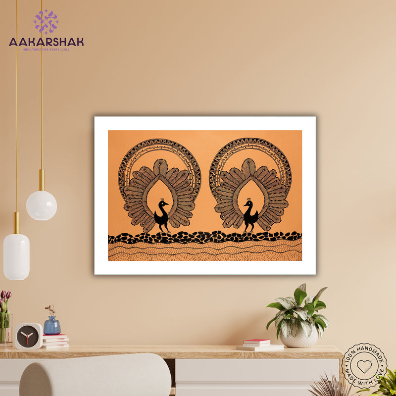 Handmade Warli Peacock Painting 17x24 Inch Framed Tribal Art