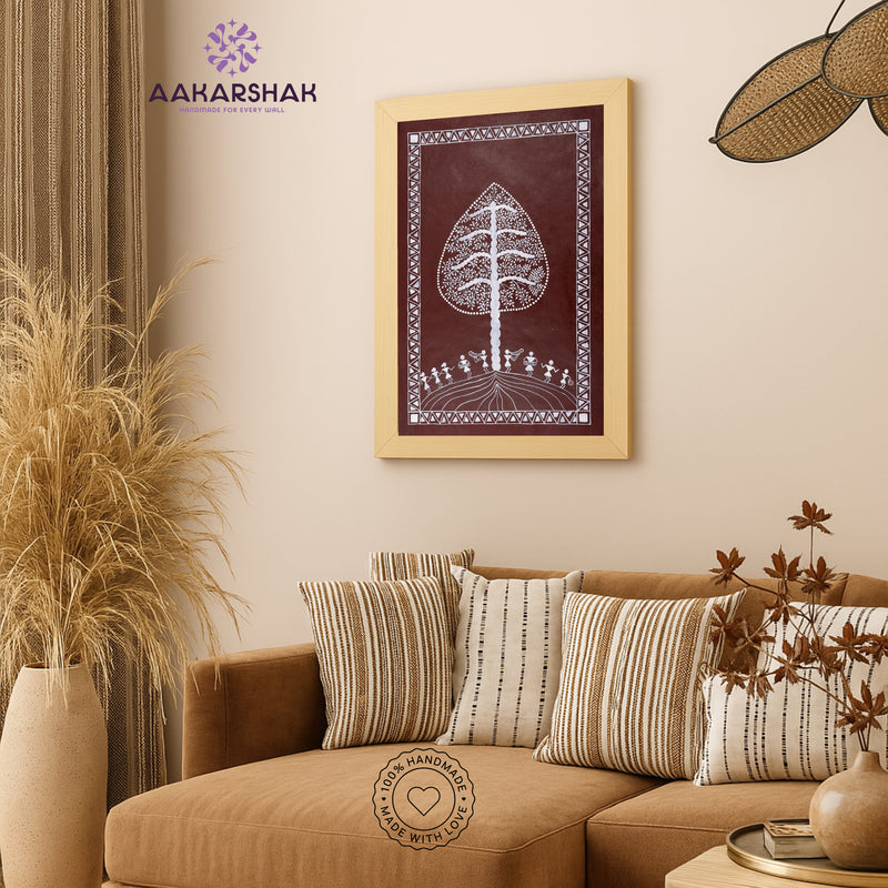 Handmade Warli Tree Painting 17x24 Inch Framed Tribal Art
