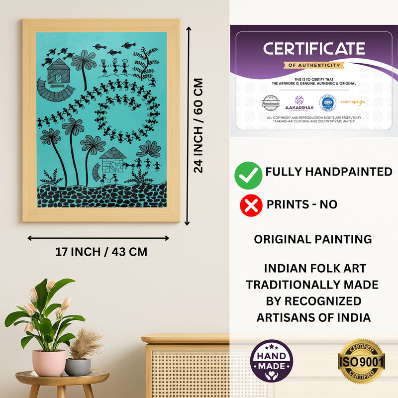 Handmade Warli Village Painting 17x24 Inch Framed Tribal Art