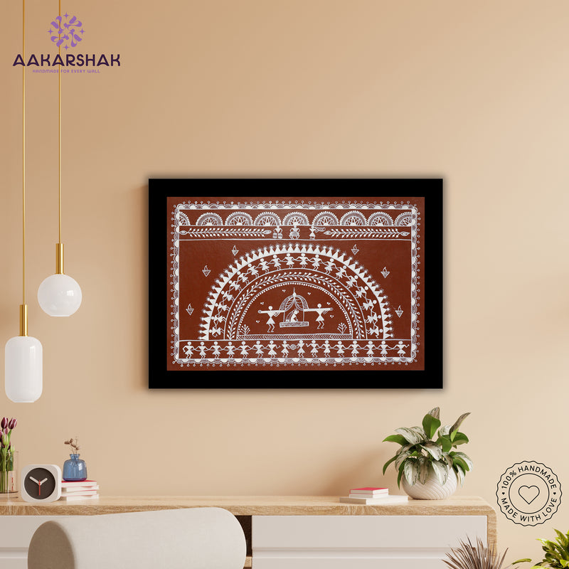 Handmade Warli Doli Painting 17x24 Inch Framed Tribal Art
