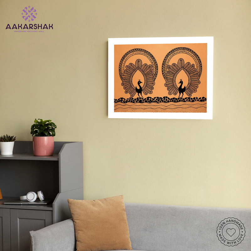 Handmade Warli Peacock Painting 17x24 Inch Framed Tribal Art