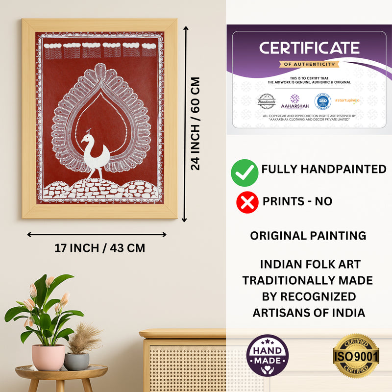 Handmade Warli Peacock Painting 17x24 Inch Framed Tribal Art