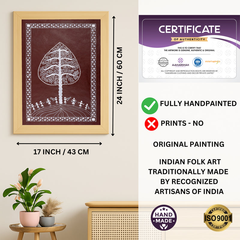 Handmade Warli Tree Painting 17x24 Inch Framed Tribal Art