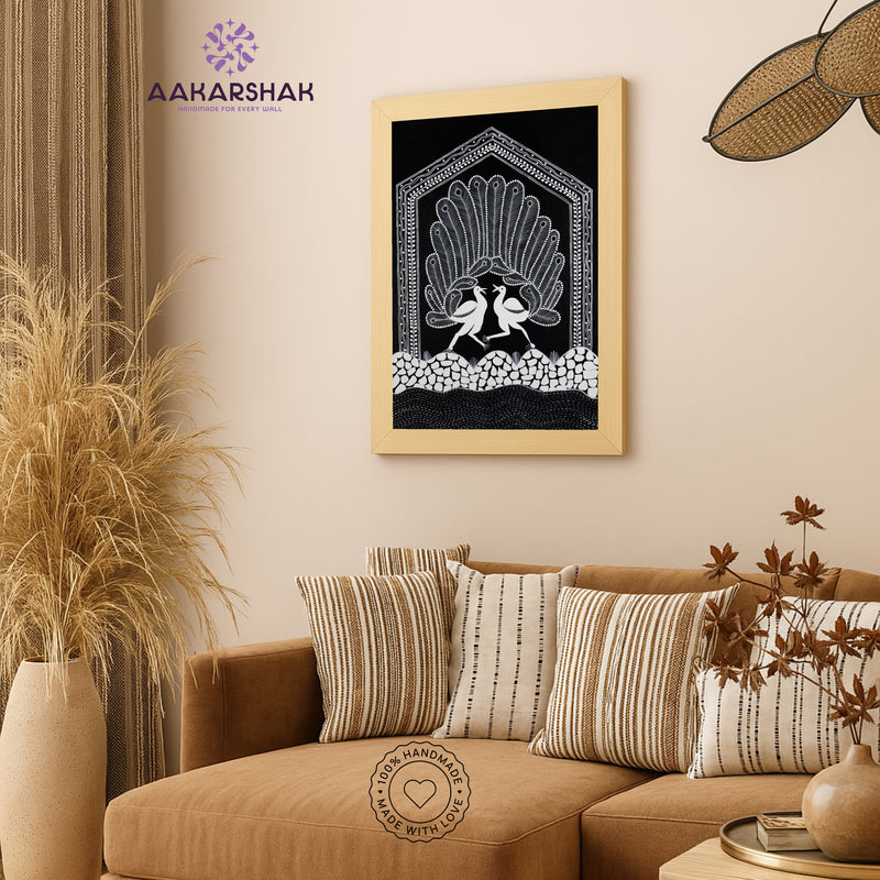Handmade Warli Peacock Painting 17x24 Inch Framed Tribal Art