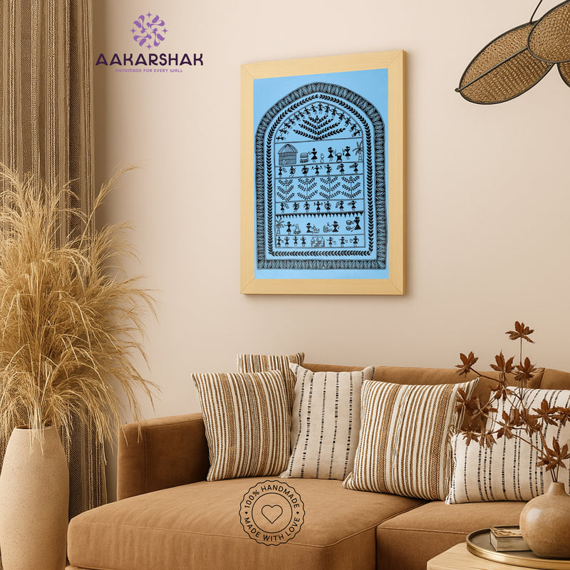 Handmade Warli Village Painting 17x24 Inch Framed Tribal Art