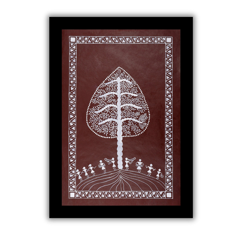 Handmade Warli Tree Painting 17x24 Inch Framed Tribal Art