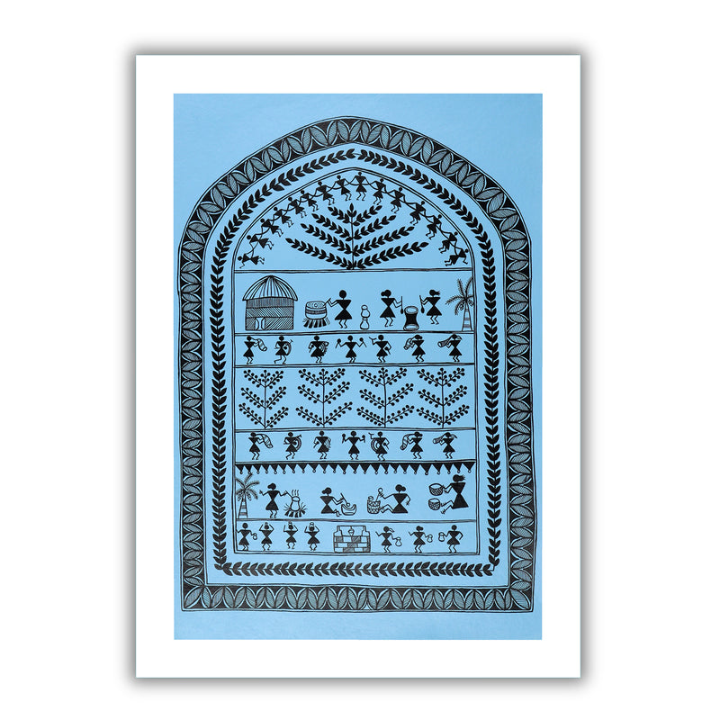 Handmade Warli Village Painting 17x24 Inch Framed Tribal Art