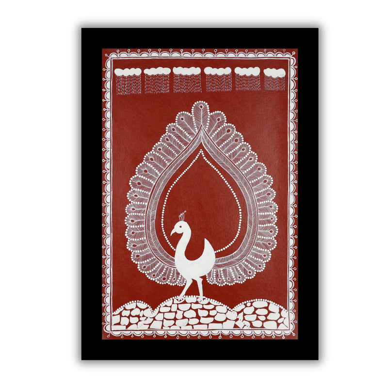 Handmade Warli Peacock Painting 17x24 Inch Framed Tribal Art