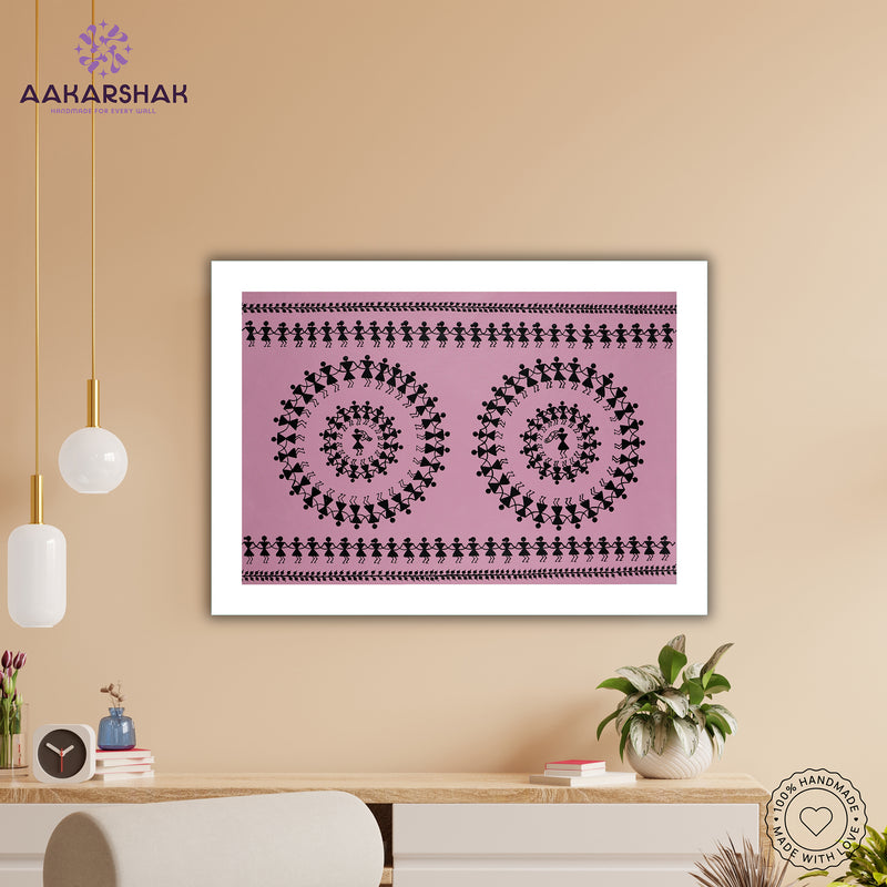Handmade Warli Dancing Painting 17x24 Inch Framed Tribal Art