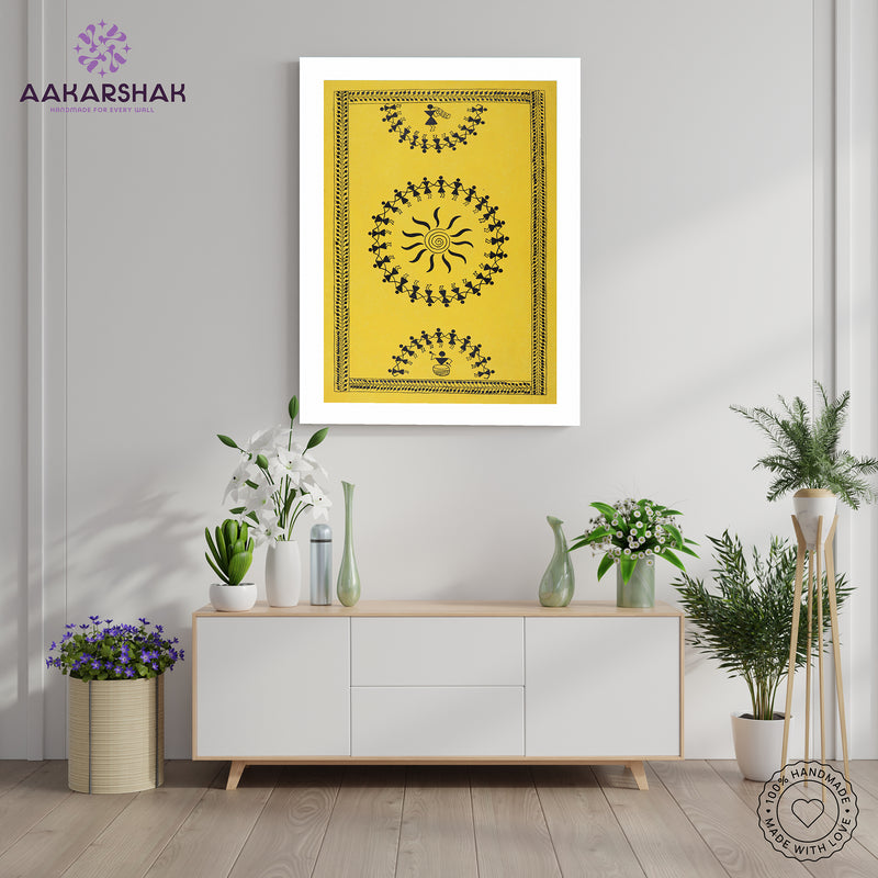 Handmade Warli Dancing Painting 17x24 Inch Framed Tribal Art