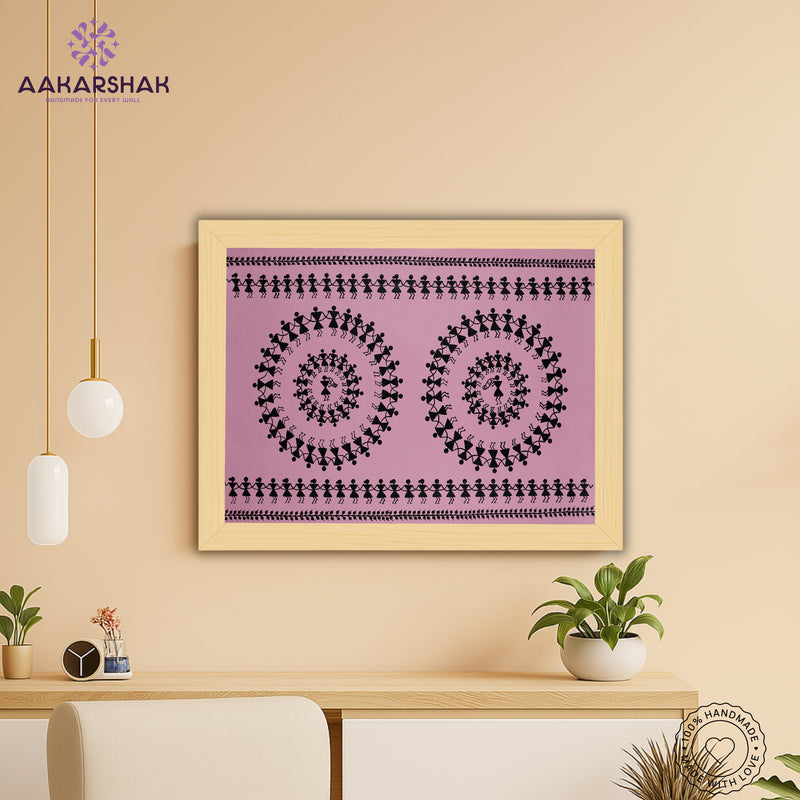 Handmade Warli Dancing Painting 17x24 Inch Framed Tribal Art
