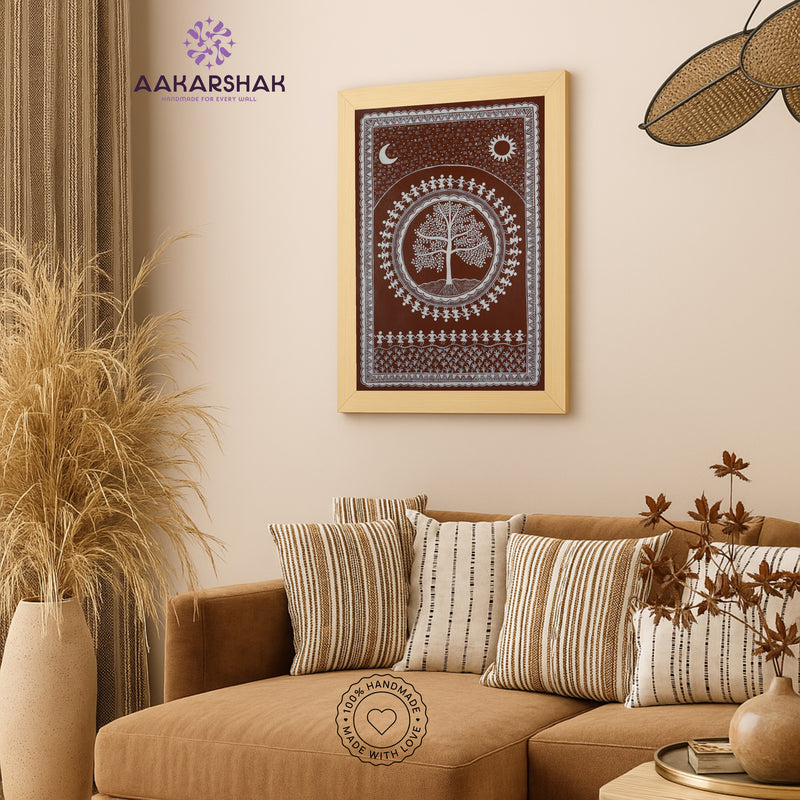 Handmade Warli Tree Painting 17x24 Inch Framed Tribal Art