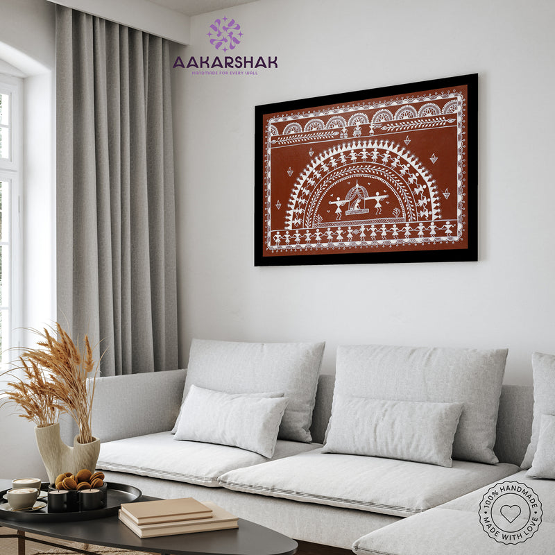 Handmade Warli Doli Painting 17x24 Inch Framed Tribal Art