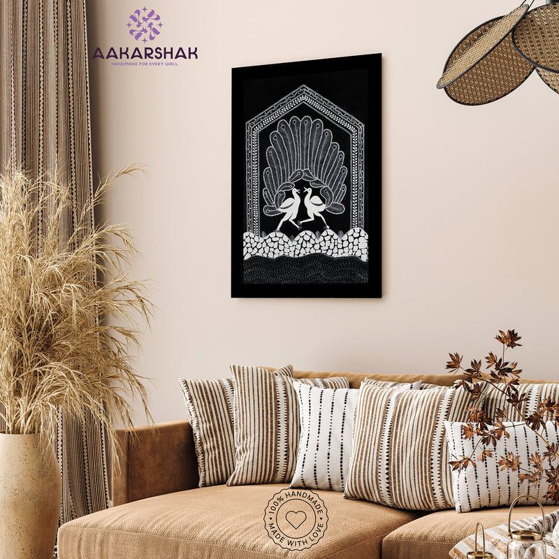 Handmade Warli Peacock Painting 17x24 Inch Framed Tribal Art