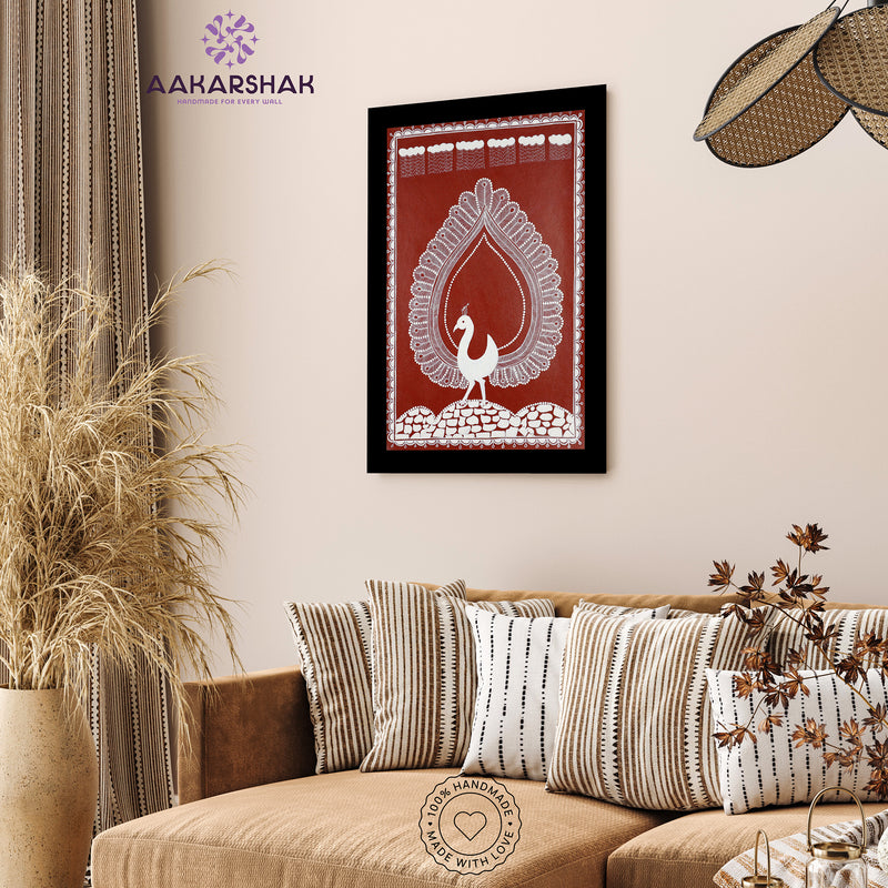 Handmade Warli Peacock Painting 17x24 Inch Framed Tribal Art