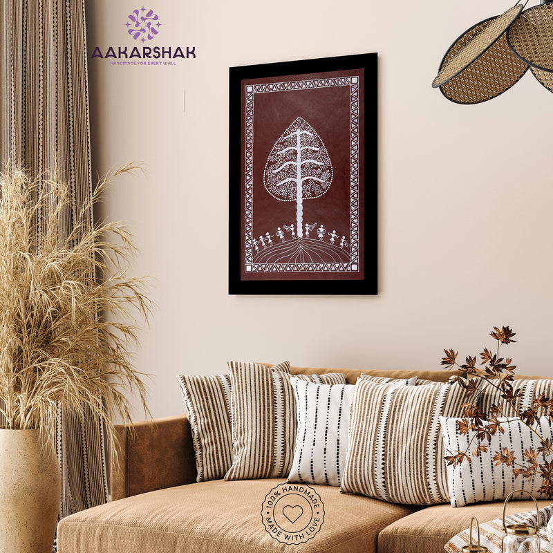 Handmade Warli Tree Painting 17x24 Inch Framed Tribal Art