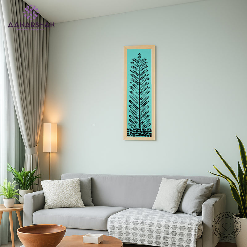 Framed Warli artwork with tribal figures and daily life scenes – rustic wall decor