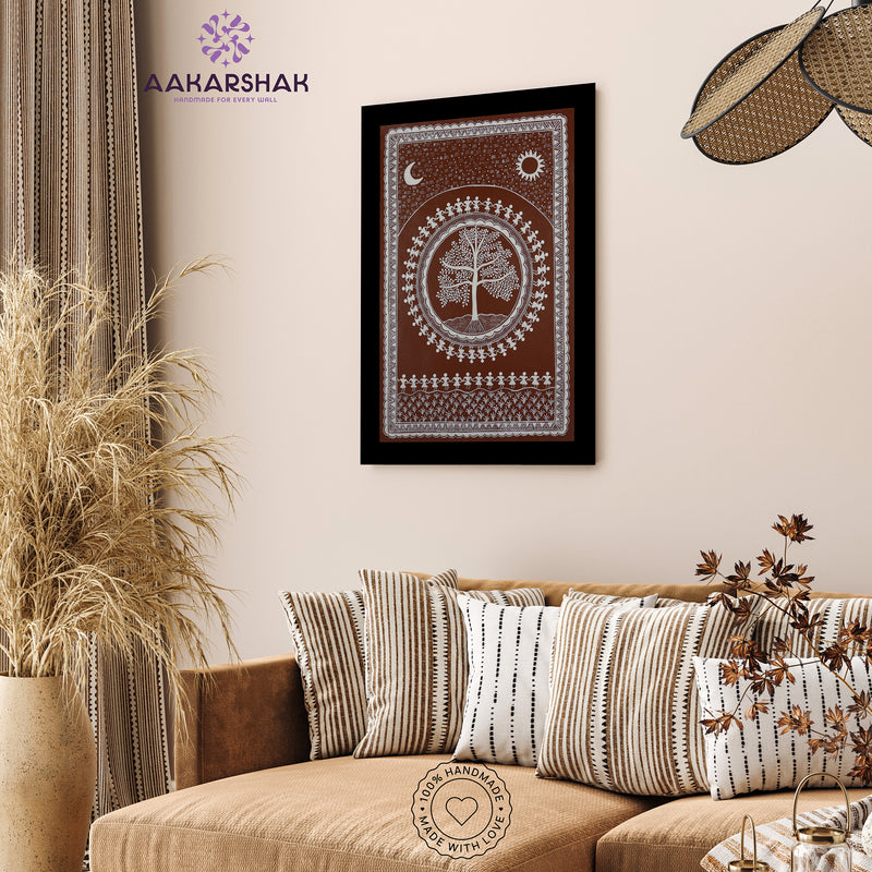 Handmade Warli Tree Painting 17x24 Inch Framed Tribal Art