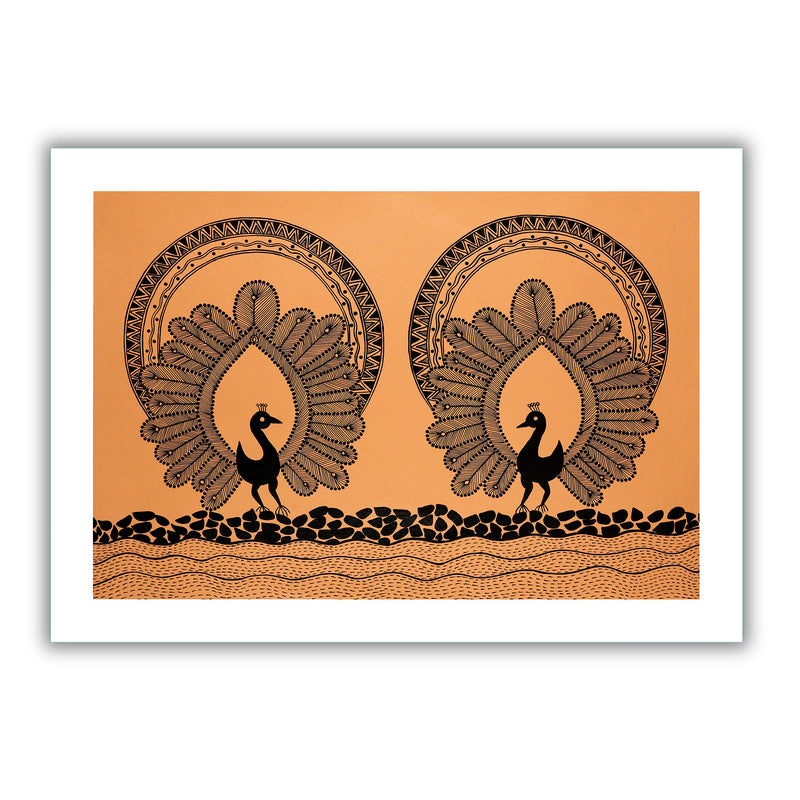 Handmade Warli Peacock Painting 17x24 Inch Framed Tribal Art