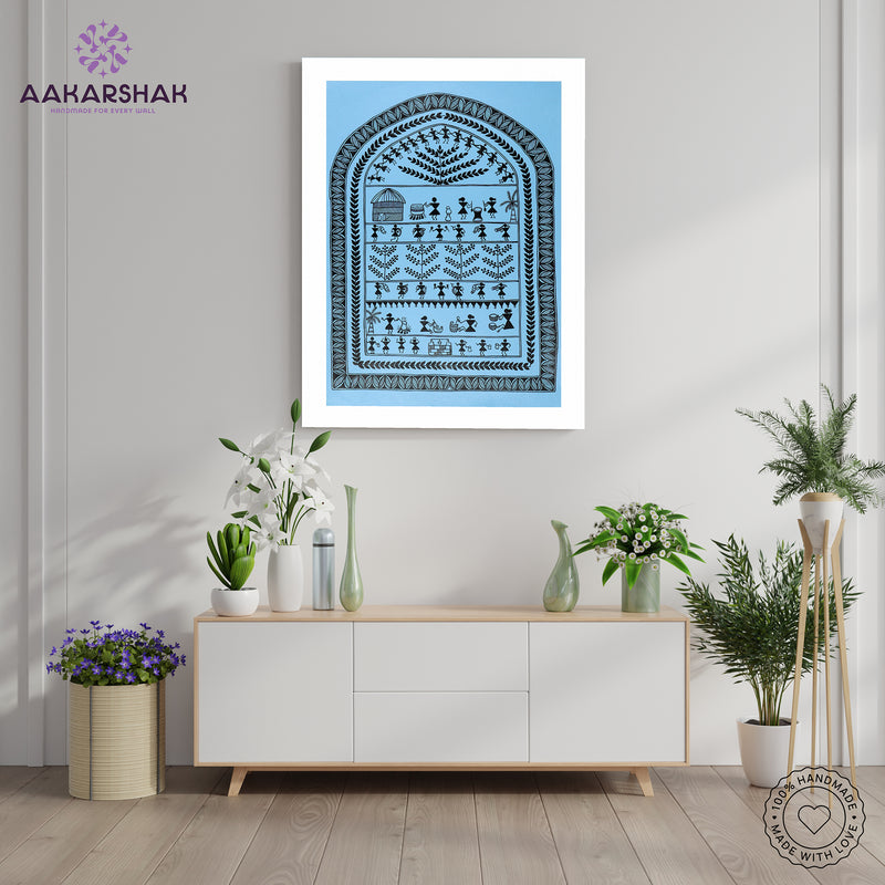 Handmade Warli Village Painting 17x24 Inch Framed Tribal Art