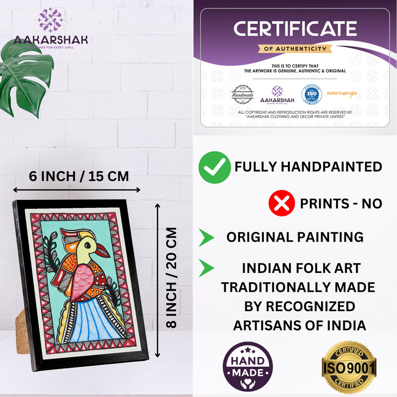 Handmade Madhubani Peacock Painting 6x8 Inch Framed Indian Wall Decor