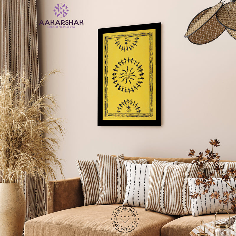 Handmade Warli Dancing Painting 17x24 Inch Framed Tribal Art