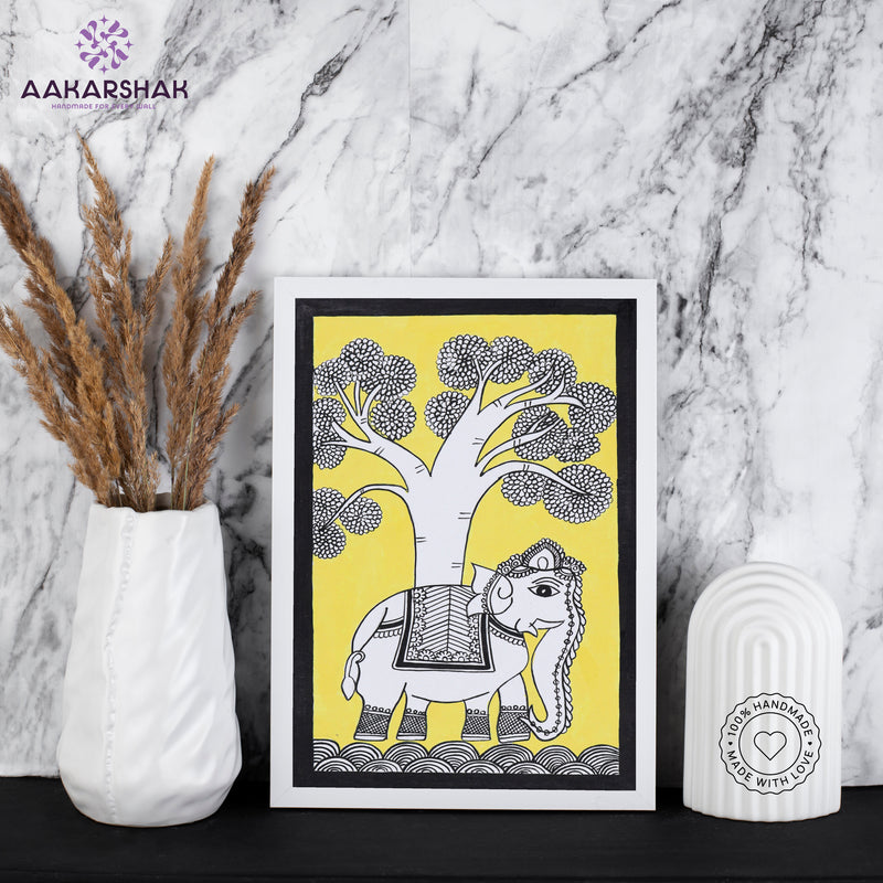 Handmade Kalamkari Elephant Painting – Framed 8x12 Inch Wall Art