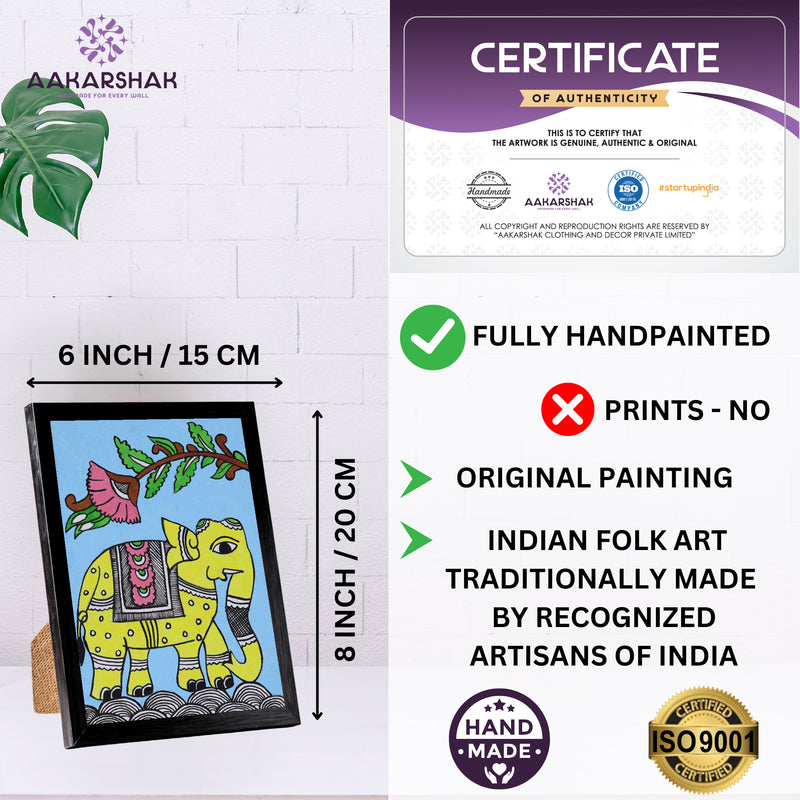 Handmade Kalamkari Elephant Painting – Framed 6x8 Inch Wall Art