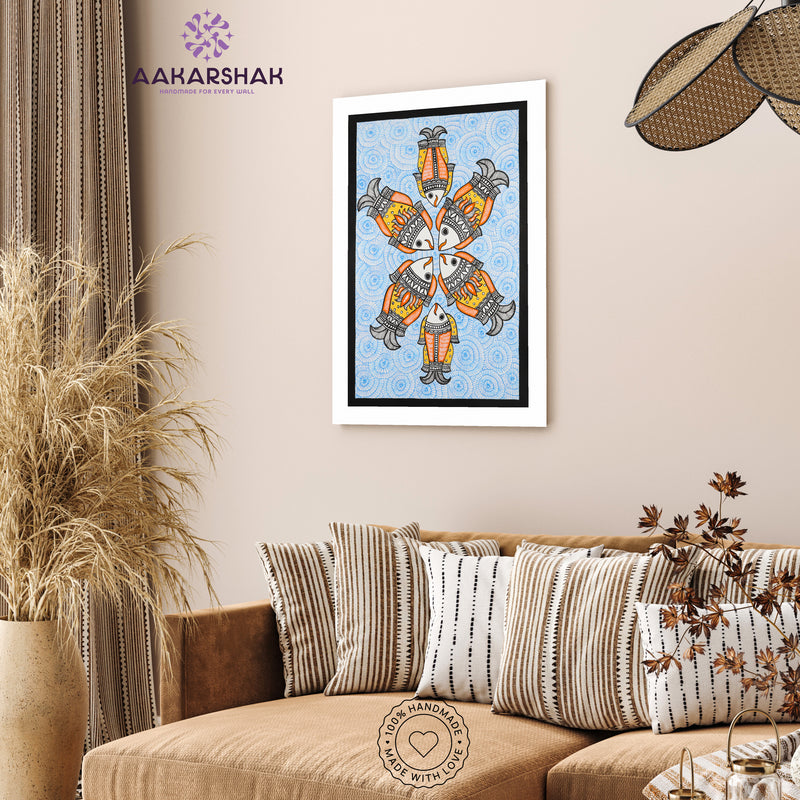 Handmade Madhubani art Fish Painting Framed Indian Wall Decor 17x24 Inch