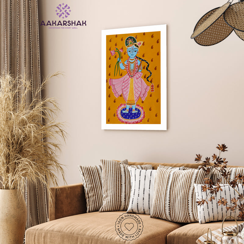 Handmade Pichwai Krishna Painting Framed 17x24 Inch Wall Art