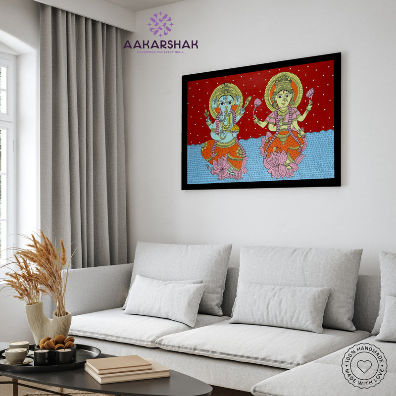 Handmade Kalamkari Ganesh and Laxmi Painting 17x24 Inch Wall Art