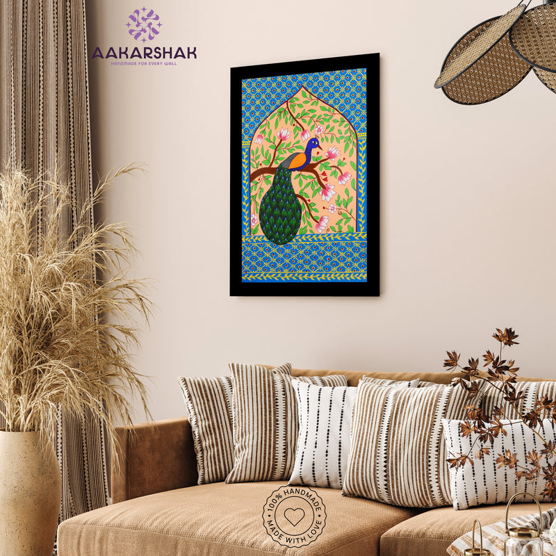 Handmade Pichwai Peacock Painting Framed 17x24 Inch Wall Art