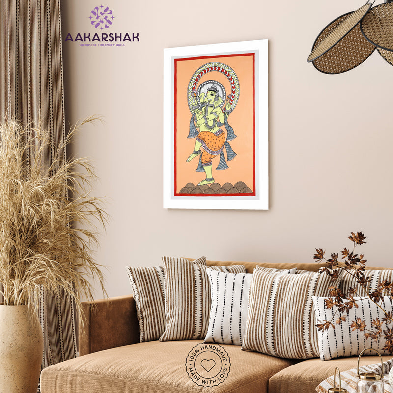 Kalamkari wall art displayed in living room – handcrafted Indian textile painting