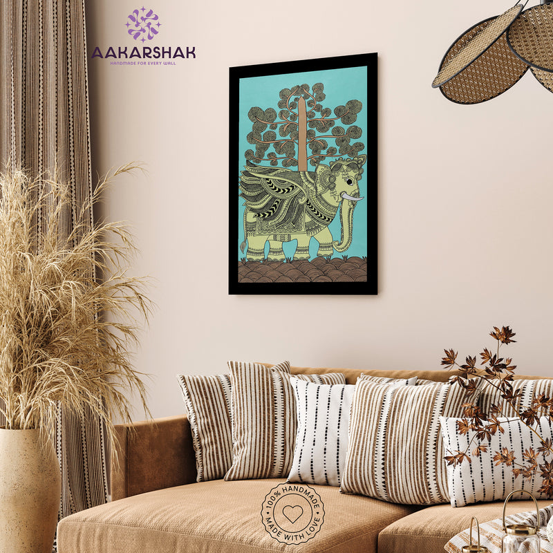 Handmade Kalamkari Elephant Painting Framed 17x24 Inch Wall Art